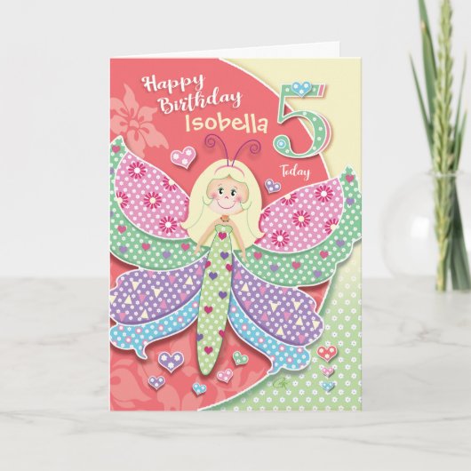 Carte 5e anniversaire, minuscule, mignonne papillon-fill (Devant)