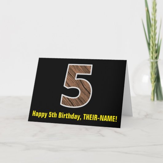 Carte 5e anniversaire : Nom + Motif Faux Wood Grain "5" (Devant)