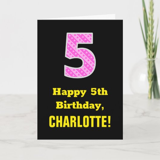 Carte 5e anniversaire : Pink Stripes and Hearts "5" + No (Devant)