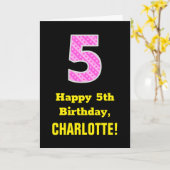 Carte 5e anniversaire : Pink Stripes and Hearts "5" + No (Fleur jaune)