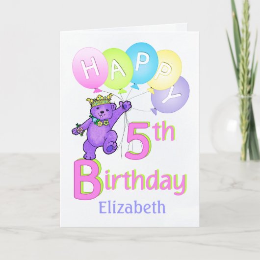 Carte 5e anniversaire Princess Bear, Nom personnalisé (Devant)