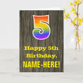 Carte 5e anniversaire : Rustic Faux Wood Look, Rainbow " (Fleur jaune)