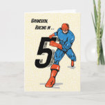 Carte 5ème super héros d'anniversaire de petit-fils<br><div class="desc">Le joyeux 5ème anniversaire indique ce super héros pendant qu'il court dedans avec le grand numéro 5 ! Souhaitez à votre petit-fils le joyeux 5ème anniversaire comme le super héros important qu'il soit !</div>