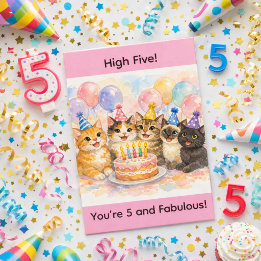 Carte 5th Birthday Girl Age 5 Watercolor Cute Cat Party