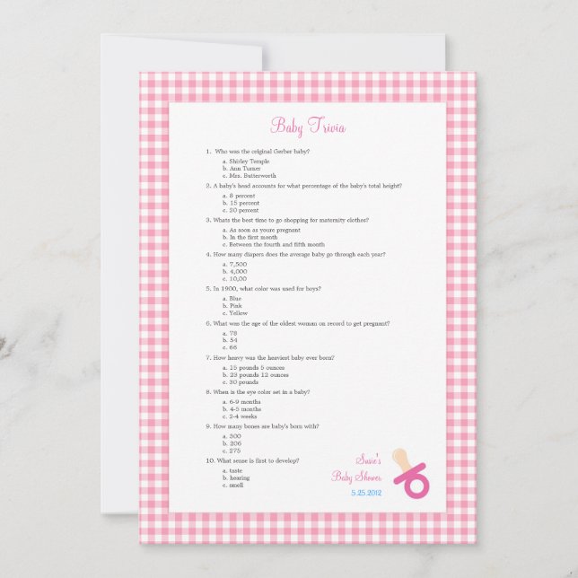 Carte 5x7 Pink Baby Trivia Shower Game (Devant)