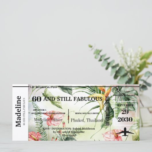 Carte 60 ans et Fabuleux Billet d'Embarquement Tropical (Debout devant)