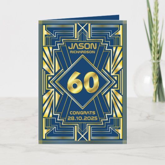 Carte 60e anniversaire Art Déco Gold Blue Great Gatsby (Devant)