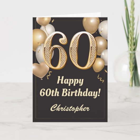 Carte 60e anniversaire Ballons Noir et Or Confetti (Devant)