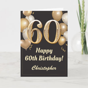 Carte 60e anniversaire Ballons Noir et Or Confetti