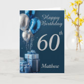 Carte 60e Anniversaire Bleu Argent Ballons Et Cadeaux (Fleur jaune)