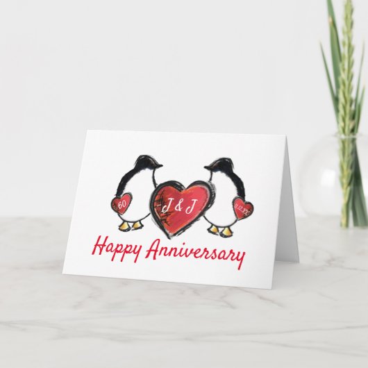 Carte 60e anniversaire de mariage diamant pingouin (Devant)