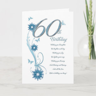 Carte 60e anniversaire en turquoise avec fleurs et papil