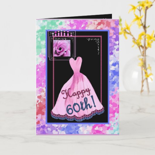 Carte 60e anniversaire fabuleux avec robe rose (Fleur jaune)
