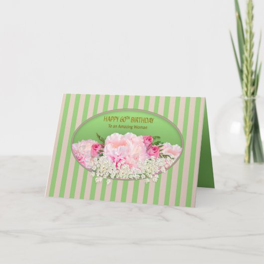 Carte 60e anniversaire, Feminine aux pivoines roses, Fle (Devant)
