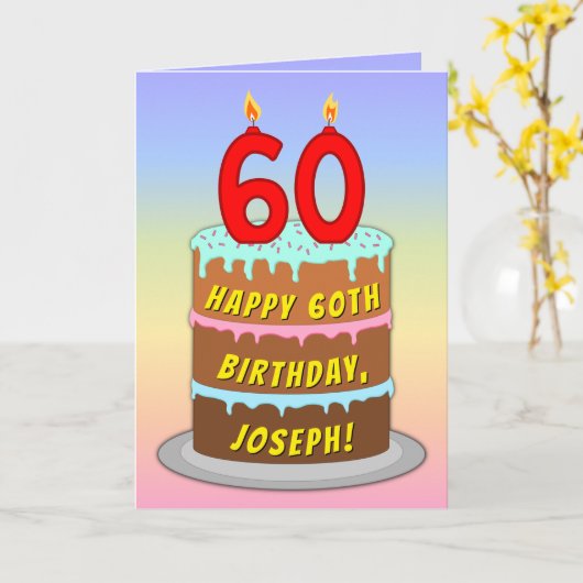 Carte 60e anniversaire — Fun Cake & Candles, avec nom pe (Fleur jaune)