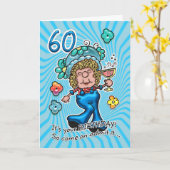 Carte 60e Anniversaire - Fun Lady Avec Verre De Vi (Fleur jaune)