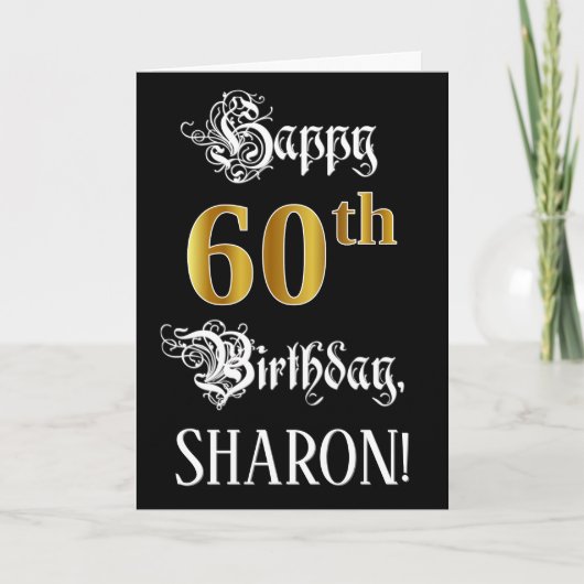 Carte 60e anniversaire — Script fantaisie; look or Faux; (Devant)