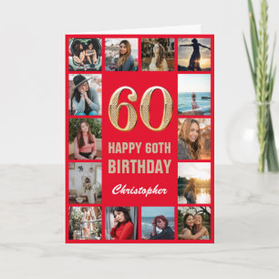 Carte 60e Joyeux Anniversaire Collage photo rouge et or