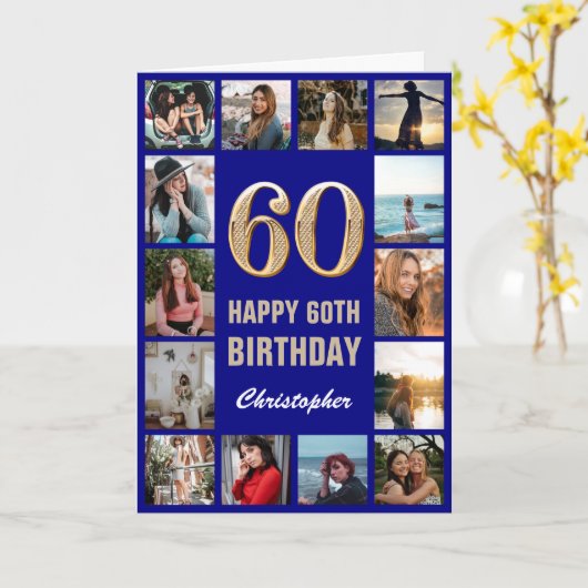 Carte 60e Joyeux Anniversaire Marine Bleu & Gold Photo C (Fleur jaune)