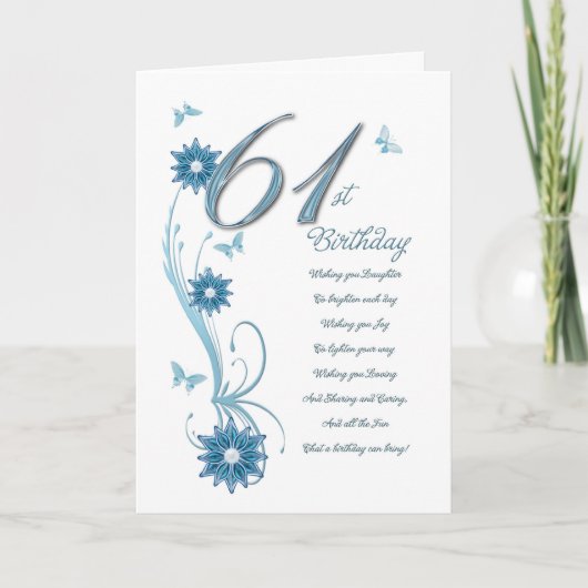 Carte 61e anniversaire en turquoise avec fleurs et papil (Devant)