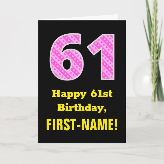 Carte 61e anniversaire : Pink Stripes and Hearts "61" + (Devant)