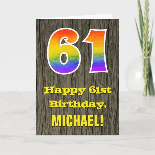 Carte 61e anniversaire : Rustic Faux Wood Look, Arc-en-c (Devant)