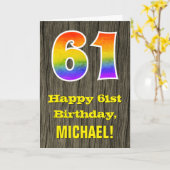 Carte 61e anniversaire : Rustic Faux Wood Look, Arc-en-c (Fleur jaune)