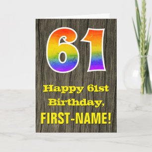 Carte 61e anniversaire : Rustic Faux Wood Look, Arc-en-c