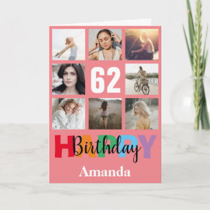 Carte 62e anniversaire heureux Collage photo moderne ros