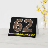 Carte 62e anniversaire : Nom + Faux Wood Grain Motif "62 (Fleur jaune)