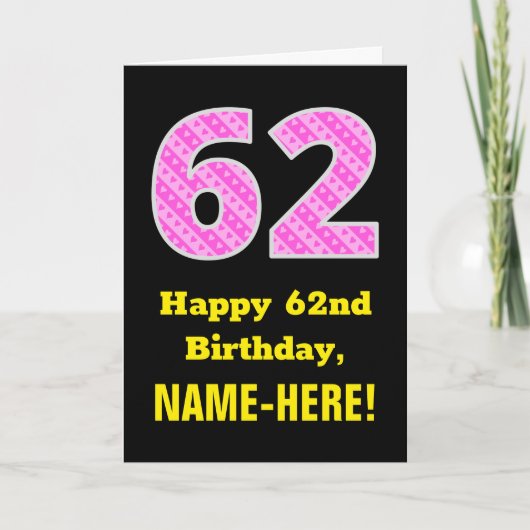 Carte 62e anniversaire : Pink Stripes and Hearts "62" + (Devant)