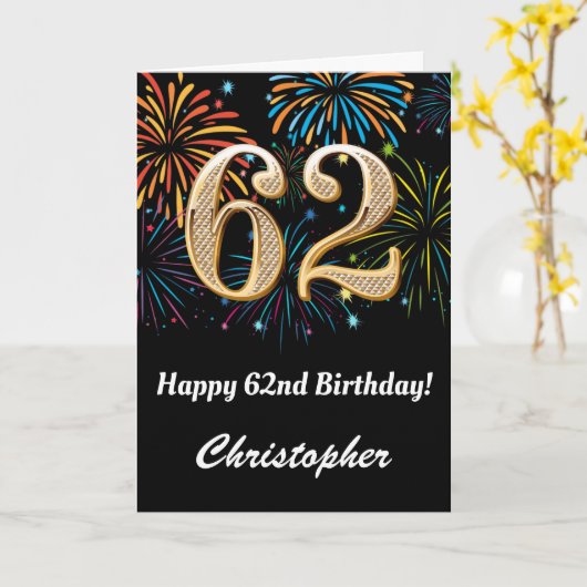 Carte 62e anniversaire Rainbow Fireworks noir et or (Fleur jaune)