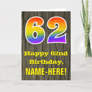 Carte 62e anniversaire : Rustic Faux Wood Look, Arc en c