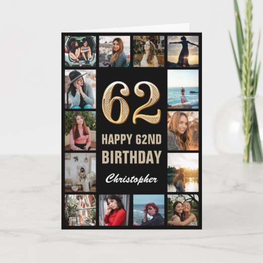 Carte 62e Joyeux Anniversaire Black and Gold Photo Colla (Devant)