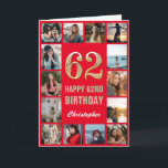 Carte 62e Joyeux Anniversaire Collage photo rouge et or<br><div class="desc">62e Joyeux Anniversaire Carte d'Anniversaire Rouge et Or Photo Collage. Pour plus de personnalisation,  cliquez sur le bouton "Customiser" et utilisez notre outil de conception pour modifier ce modèle.</div>