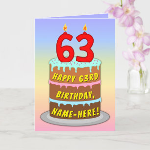 Carte 63e anniversaire — Fun Cake & Candles, avec nom pe