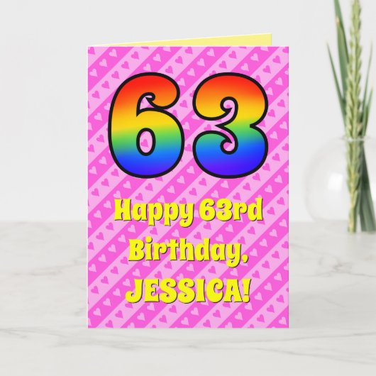 Carte 63e anniversaire : Pink Stripes & Hearts, Arc en c (Devant)