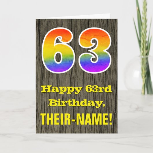 Carte 63e anniversaire : Rustic Faux Wood Look, Arc-en-c (Devant)