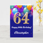 Carte 64e anniversaire Ballons bleu et or couleur marine (Fleur jaune)
