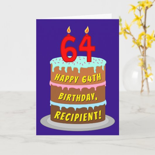 Carte 64e anniversaire : Fun Cake and Candles + Nom pers (Fleur jaune)