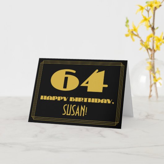Carte 64e anniversaire : Nom + Art Déco Inspiré Look "64 (Fleur jaune)