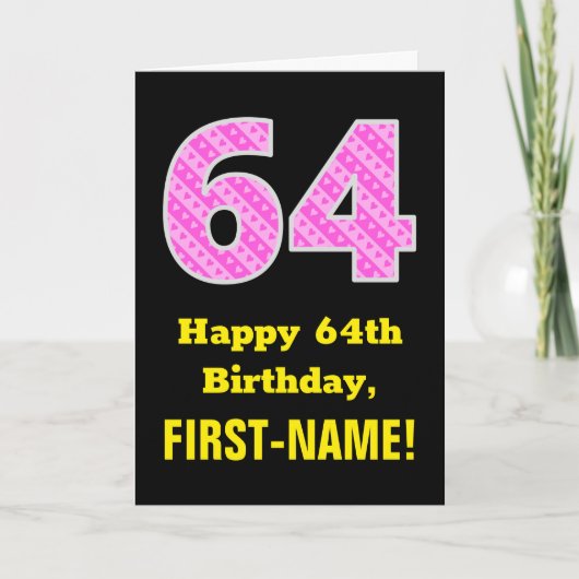 Carte 64e anniversaire : Pink Stripes and Hearts "64" + (Devant)