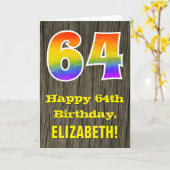 Carte 64e anniversaire : Rustic Faux Wood Look, Arc-en-c (Fleur jaune)