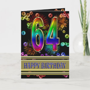 Carte 64ème anniversaire avec bulles arc-en-ciel et feux