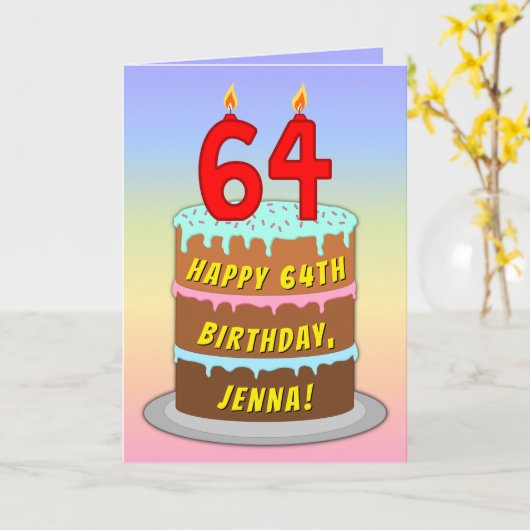 Carte 64th Birthday — Fun Cake & Candles, w/ Custom Name (Fleur jaune)