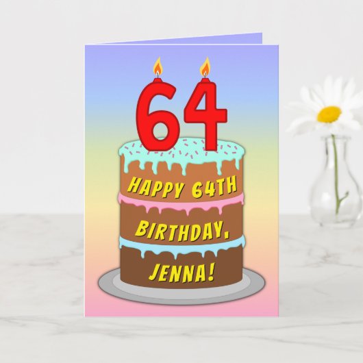 Carte 64th Birthday — Fun Cake & Candles, w/ Custom Name (Petite plante)