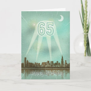 Carte 65e anniversaire avec une ville et des spots