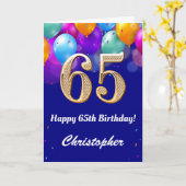 Carte 65e anniversaire Ballons bleu et or couleur marine (Fleur jaune)