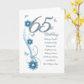 Carte 65e anniversaire en turquoise avec fleurs et papil (Fleur jaune)