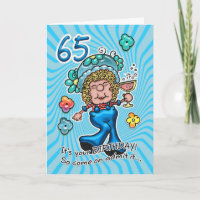 Carte 65e Anniversaire - Fun Lady Avec Verre De Vi